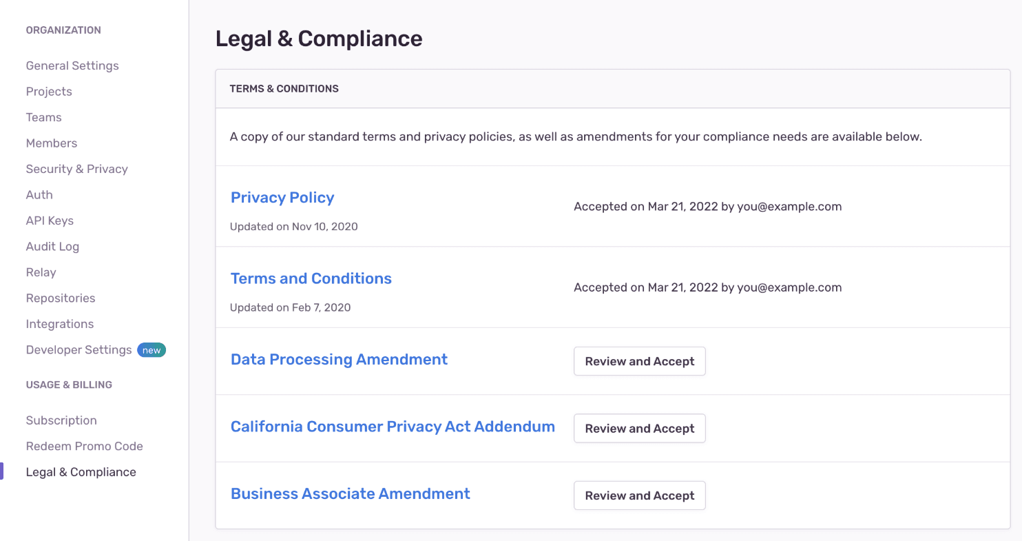 Legal & Compliance Settings