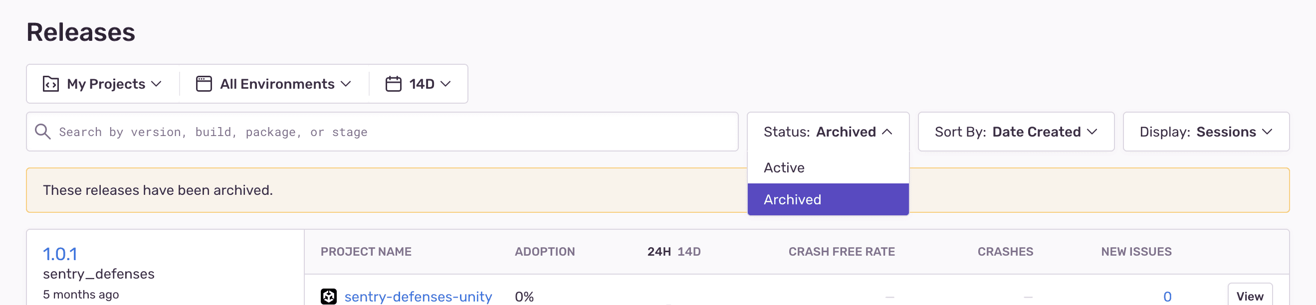 archived releases ui